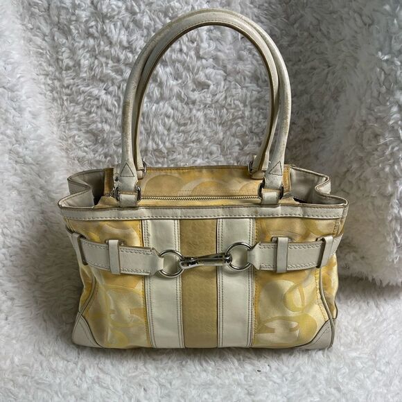 Coach Hampton Signature Canvas Satchel yellow & gold Beige leather trim & straps - Picture 1 of 16